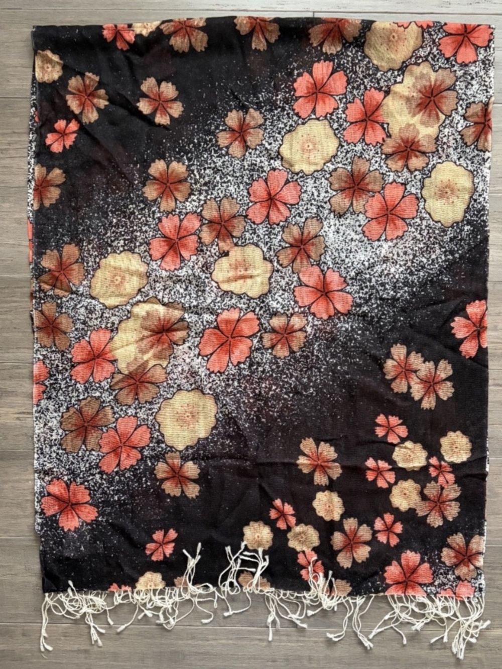 NEW 100% Wool Scarf Black Japanese Cherry Blossom Floral Fringe 28x70 Women's